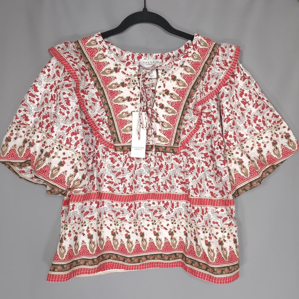 CALYPSO ST Barth New Paisley MEDIUM Boho Peasant Top Blouse Red White Cotton